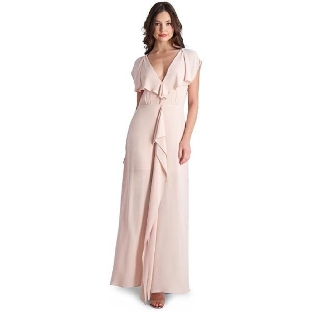 NWT BCBGMAXAZRIA Evette‎ Sz 0 Cream Ruffle V-Neck Sleeveless Formal Evening Gown